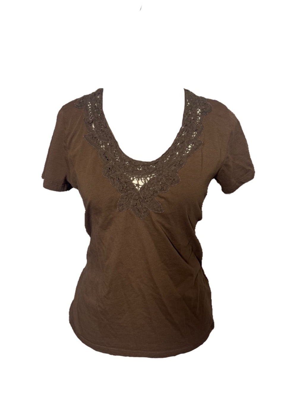 Ralph Lauren Brown Scoop Neck Tee with Crochet Trim